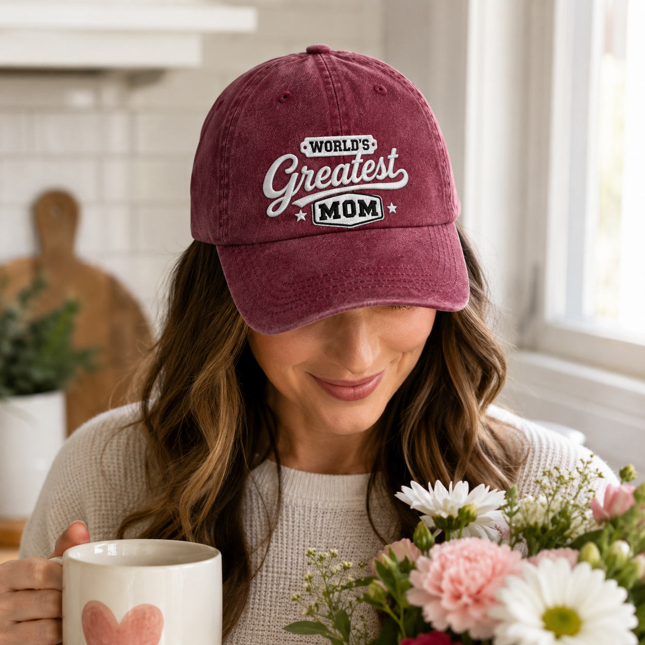 World's Greatest Mom Embroidered Washed Cap - Washed Cap - side view