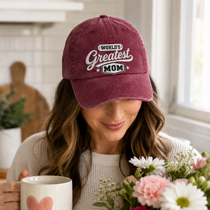 World's Greatest Mom Embroidered Washed Cap - Washed Cap - side view