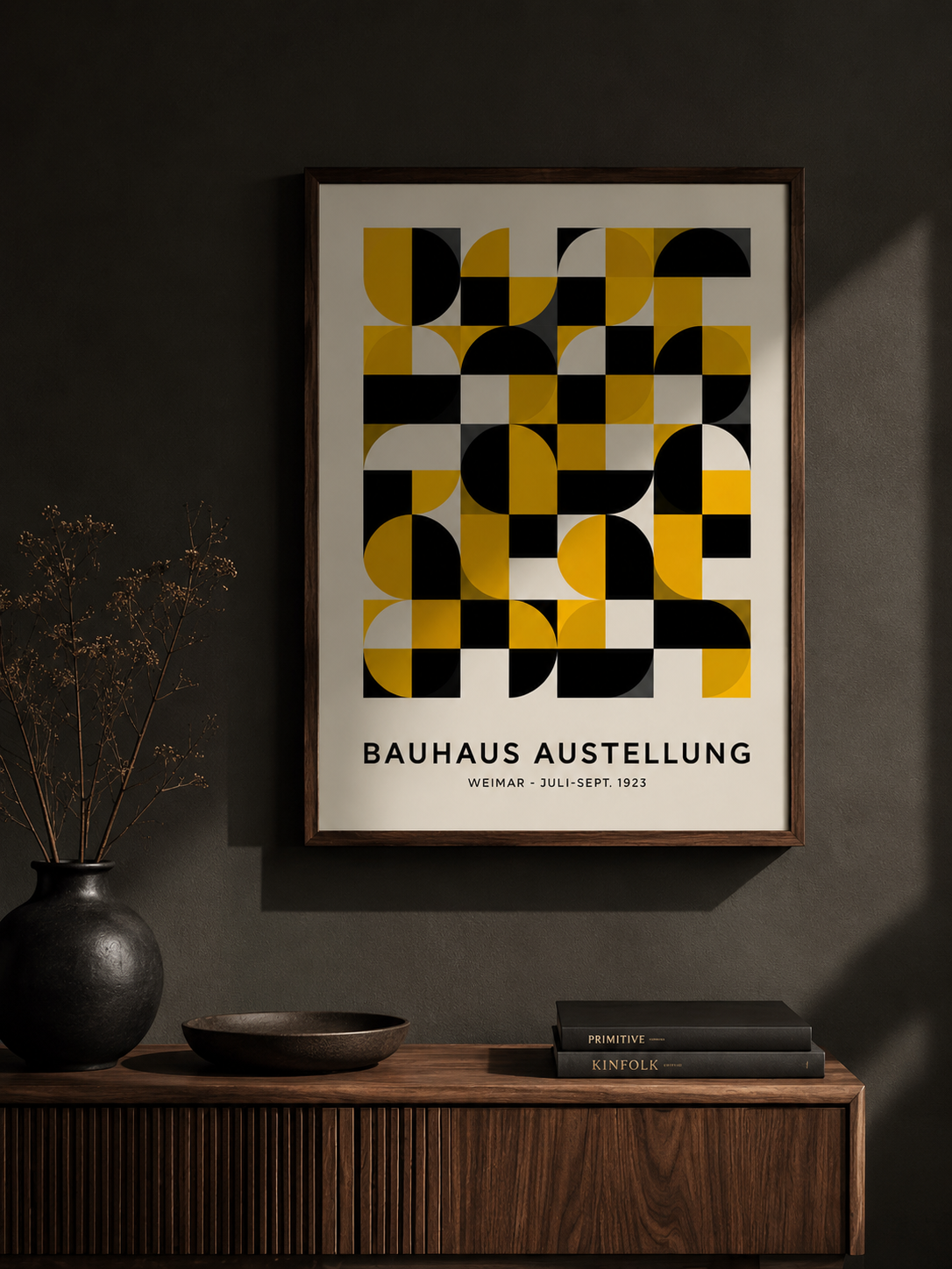 Giallo Nero Bauhaus Poster - Wall Art Decor - lifestyle shot - yellow bauhaus poster, bauhaus wall art