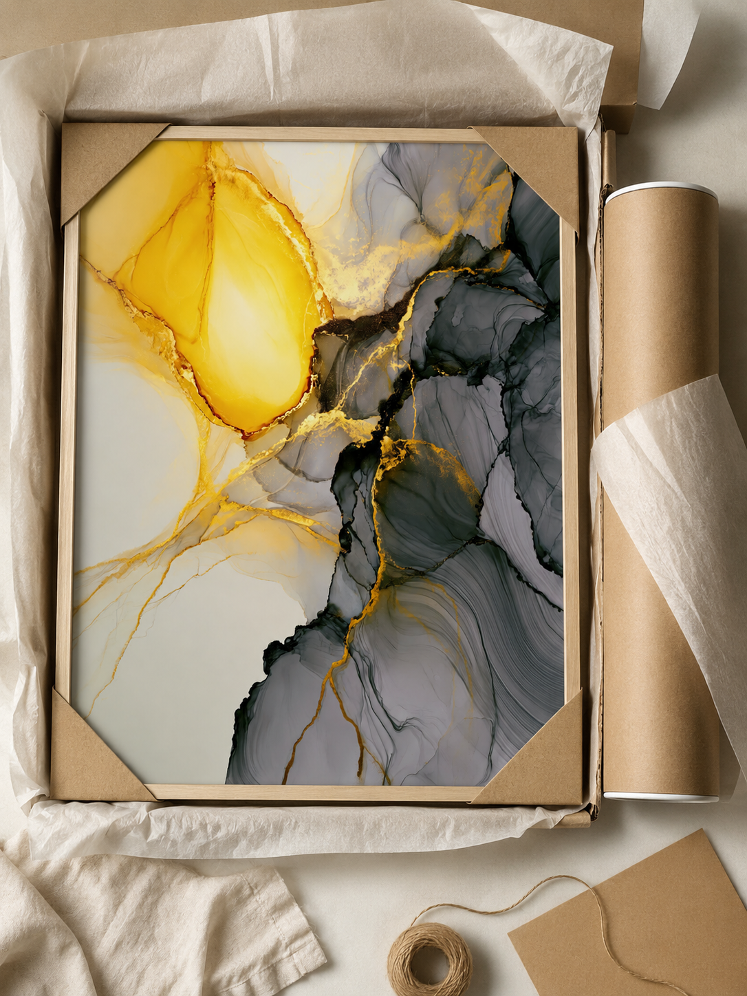 Yellow Black Abstract Wall Art - Wall Art Decor - close-up - yellow black abstract wall art, gold abstract art print