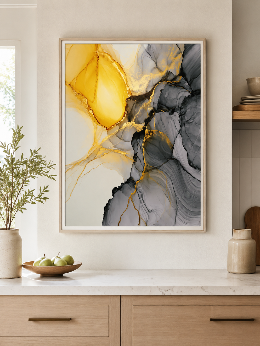 Yellow Black Abstract Wall Art - Wall Art Decor - alternate angle - yellow black abstract wall art, gold abstract art print