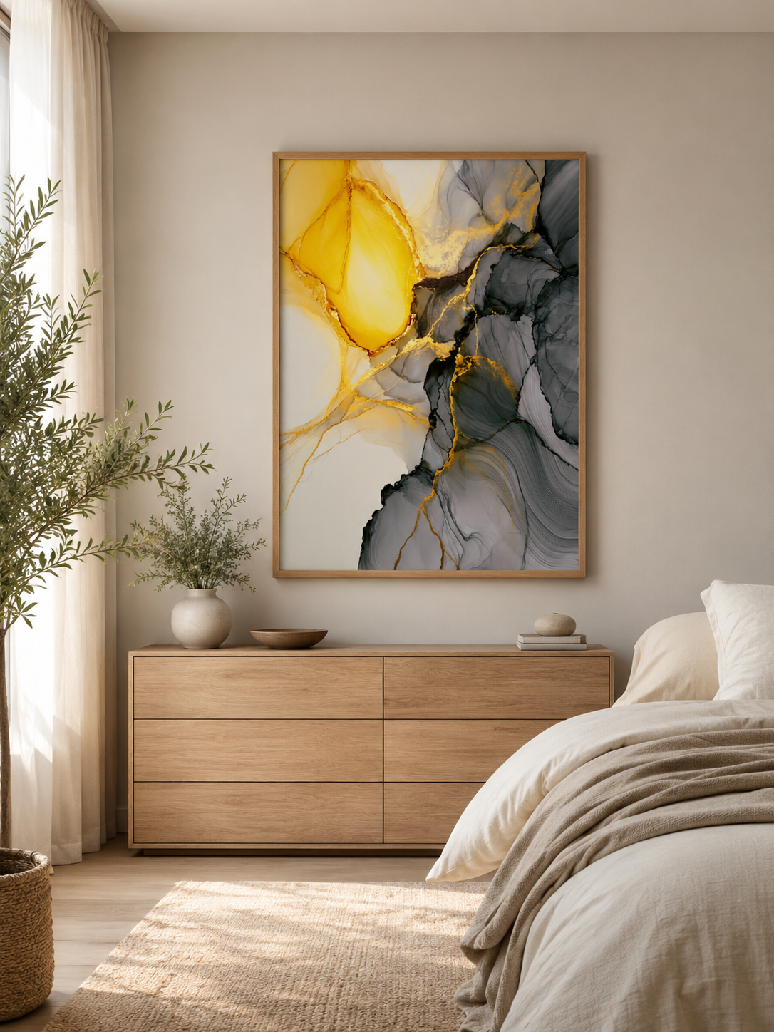 Yellow Black Abstract Wall Art - Wall Art Decor - lifestyle shot - yellow black abstract wall art, gold abstract art print