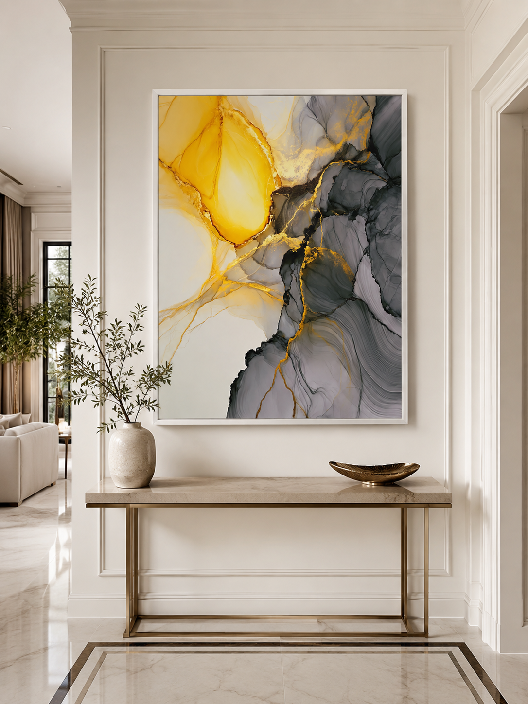 Yellow Black Abstract Wall Art - Wall Art Decor - close-up - yellow black abstract wall art, gold abstract art print