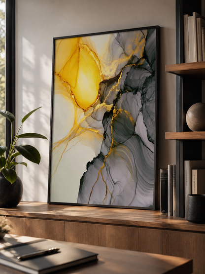 Yellow Black Abstract Wall Art - Wall Art Decor - packaging - yellow black abstract wall art, gold abstract art print
