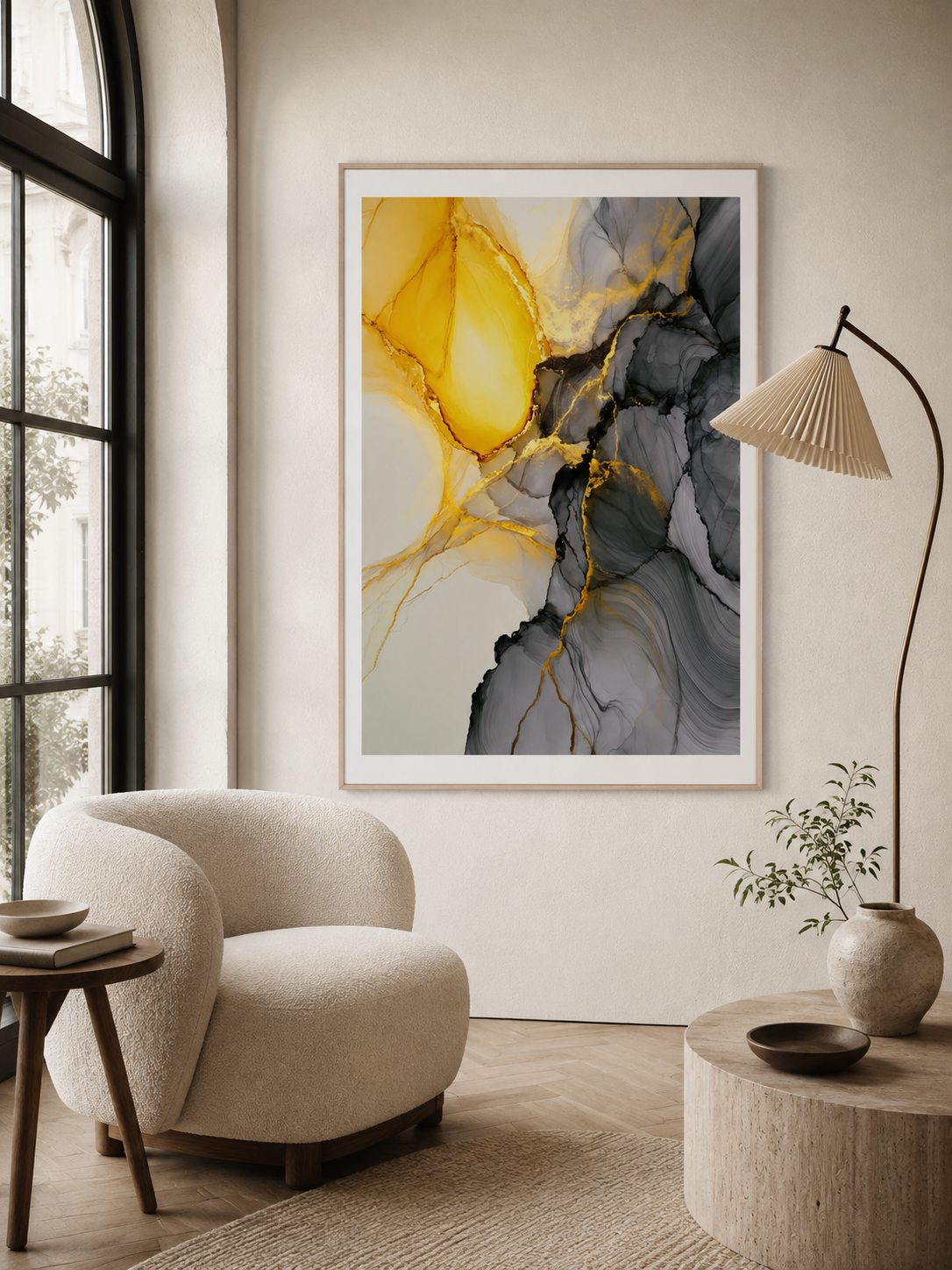 Yellow Black Abstract Wall Art - Wall Art Decor - front view - yellow black abstract wall art, gold abstract art print