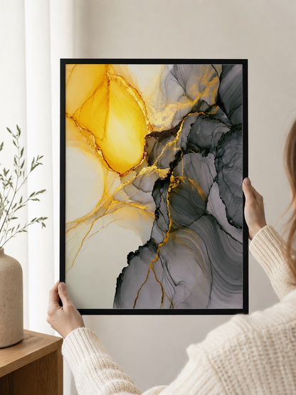 Yellow Black Abstract Wall Art - Wall Art Decor - detail view - yellow black abstract wall art, gold abstract art print