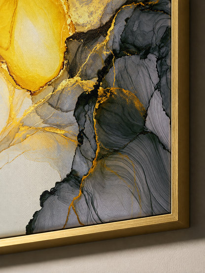 Yellow Black Abstract Wall Art - Wall Art Decor - lifestyle shot - yellow black abstract wall art, gold abstract art print