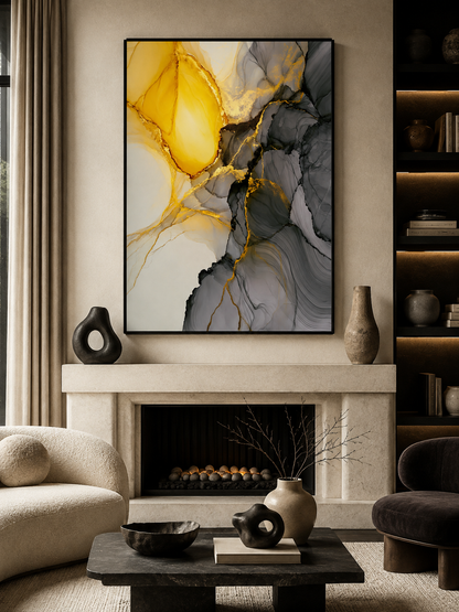 Yellow Marbled Wall Art - Wall Art Decor - close-up - yellow marbled wall art, gray gold art print