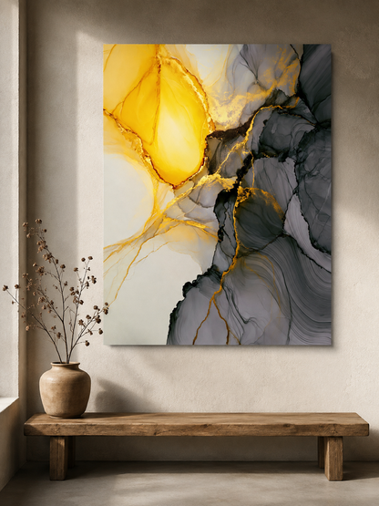 Yellow Marbled Wall Art - Wall Art Decor - detail view - yellow marbled wall art, gray gold art print