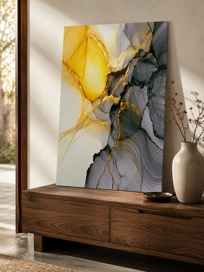 Yellow Marbled Wall Art - Wall Art Decor - lifestyle shot - yellow marbled wall art, gray gold art print