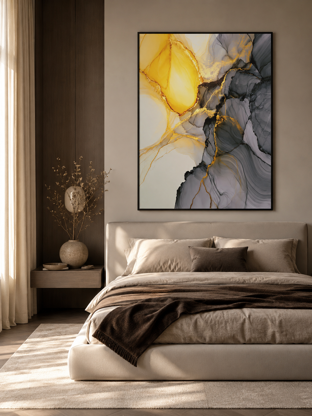 Yellow Marbled Wall Art - Wall Art Decor - close-up - yellow marbled wall art, gray gold art print
