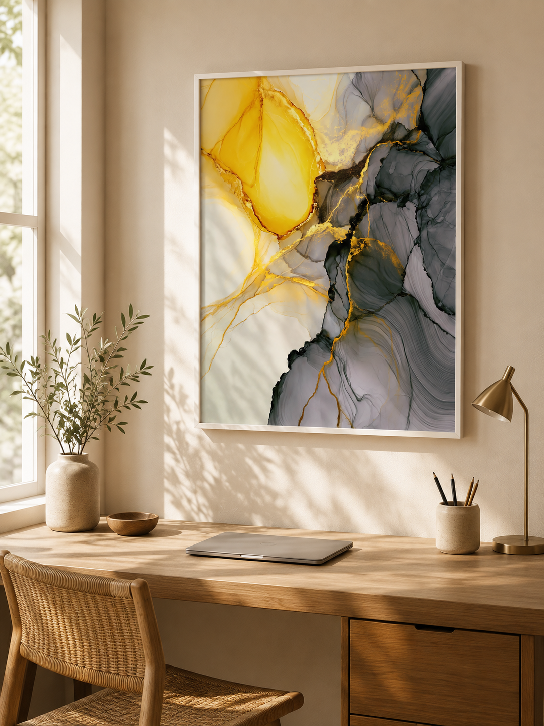 Yellow Marbled Wall Art - Wall Art Decor - alternate angle - yellow marbled wall art, gray gold art print