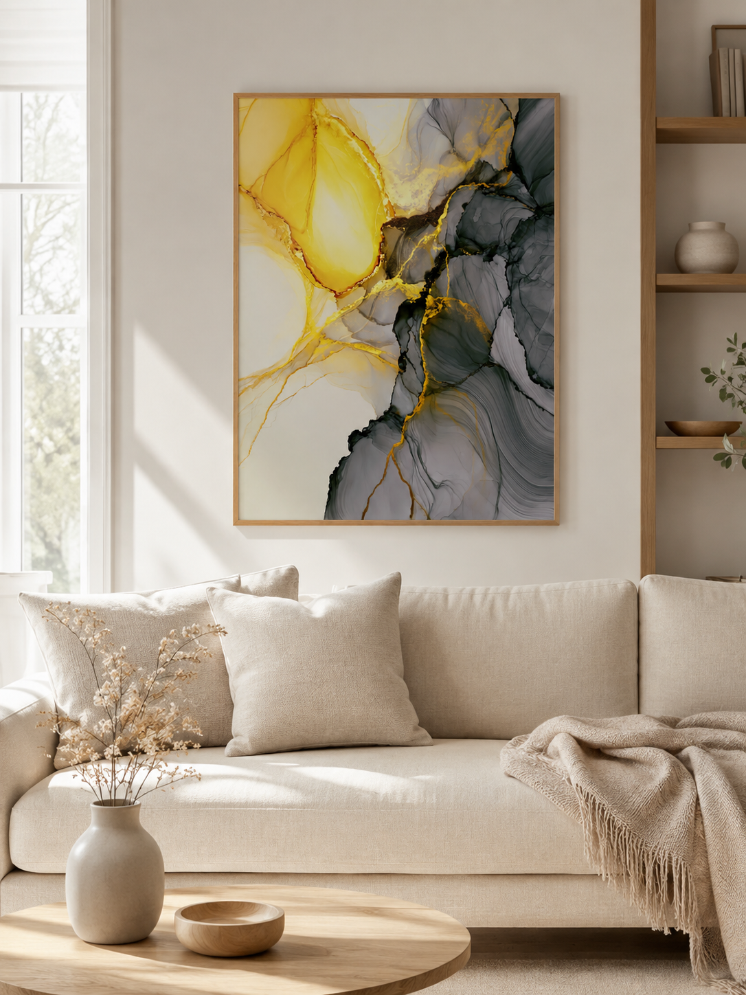 Yellow Marbled Wall Art - Wall Art Decor - front view - yellow marbled wall art, gray gold art print