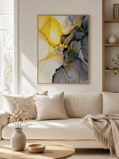 Yellow Marbled Wall Art - Wall Art Decor - front view - yellow marbled wall art, gray gold art print