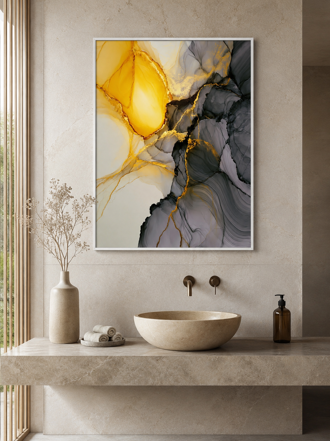 Yellow Marbled Wall Art - Wall Art Decor - detail view - yellow marbled wall art, gray gold art print