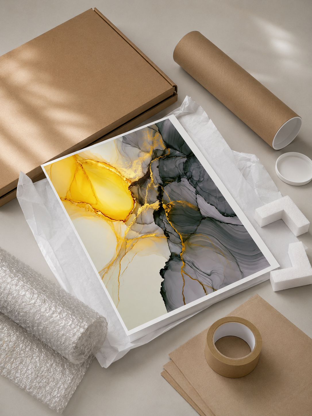 Yellow Marbled Wall Art - Wall Art Decor - lifestyle shot - yellow marbled wall art, gray gold art print