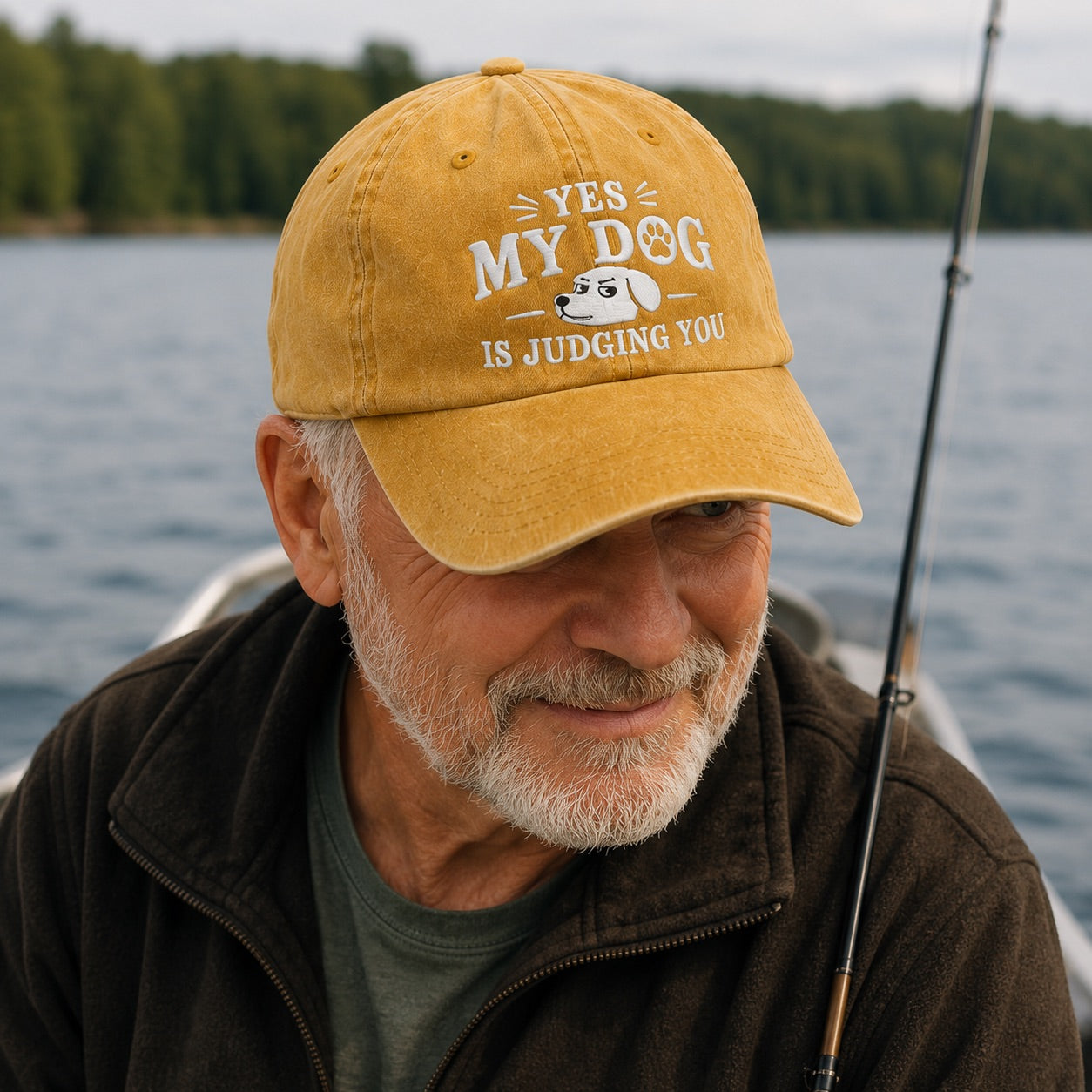 Man on a boat wearing a yellow cap with text and a dog graphic, with water and trees in the background.