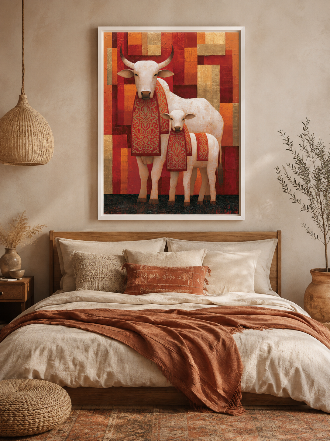Zebu Cow Wall Art - Wall Art Decor - lifestyle shot - zebu cow wall art, white cattle art print